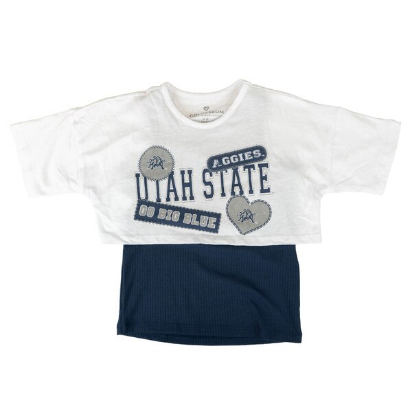 Youth Girls White and Navy Layered Utah State Go Big Blue Shirt